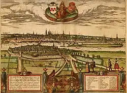 Maastricht op een gravure van Simon de Bellomonte, 16e eeuw