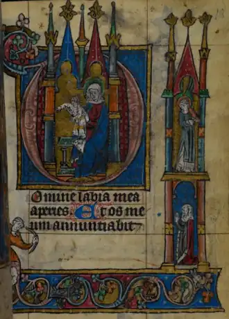 Beginpagina Kleine Officie van Onze Lieve Vrouw (f18r). Rechtsonder mogelijk de eigenaresse van het boek