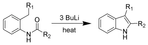 Algemeen reactieverloop van de Madelung-synthese