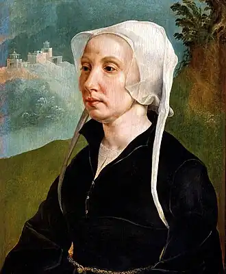 portret van een vrouw, vermoedelijk Joost Jansdr. van Egmond van de Nijenburg, geschilderd door Maarten van Heemskerck, 1527-1529, National Museum Cardiff