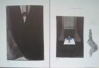 L'Intruse, theaterstuk door Maeterlinck; links: Gevleugelde figuur; rechts: Interieur en figuur