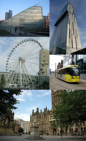 Een montage van Manchester. Met de klok mee vanaf linksboven: Urbis, Beetham Tower/The Hilton, een Metrolink tram, Albert Square, Wheel of Manchester