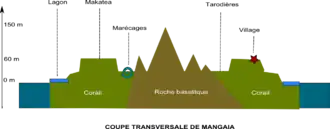 Doorsnede van het eiland Mangaia (groen:koraal; bruin:basalt van de vulkaantop)