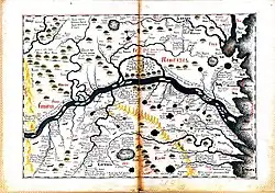 Kaart van de stad Nieuw-Mangazeja met omgeving aan het einde van de 17e eeuw (uit het schetsboek van de Tobolskse bojarenzoon Semjon Remezov uit 1701).