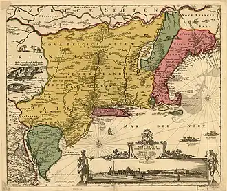Novi Belgii Novæque Angliæ nec non partis Virginiæ tabula. Kaart van Nieuw-Nederland uit 1685 door Nicolaes Visscher (I) (1618–1679)