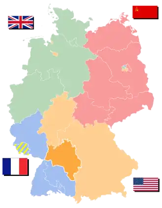Württemberg-Baden in helderoranje als onderdeel van de Amerikaanse bezettingszone in lichtoranje