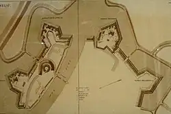 Kaart met verdedigingswerken van Weesp na 1876, met van links naar rechts de bastions Bakkeschans, Nieuw Achtkant, Roozeboom en Draaierschans
