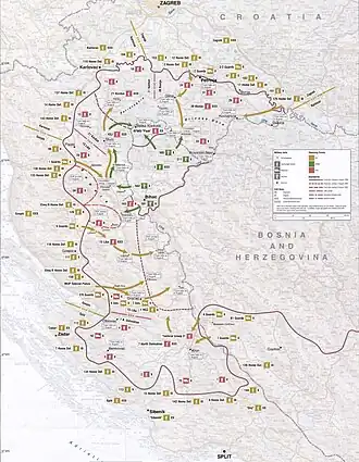 alt=Kaart van Operatie Storm Strijdkrachten: Kroatië (Geel), RSK (Rood), Bosnië en Herzegovina (Groen)