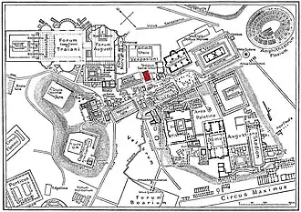 Locatie van de Tempel van Antoninus and Faustina (in rood)