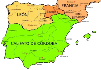 Het Iberisch Schiereiland in 1000 met León in het geel. Castilië en Portugal waren toen nog delen van León.