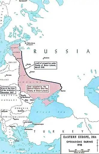 Het roze gebied is het gebied, dat bezet werd door de Centrale Mogendheden als gevolg van de Wapenstilstand van Brest-Litovsk