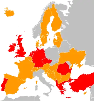 Rood: Vodafone, paars: de filialen van Vodafone, oranje: de partners van Vodafone