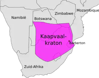 De ligging van het Kaapvaalkraton is op deze kaart weergegeven op een achtergrond die de huidige grenzen van Namibië, Botswana, Zimbabwe Zuid-Afrika weergeeft.