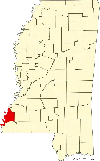 Locatie van Adams County in Mississippi