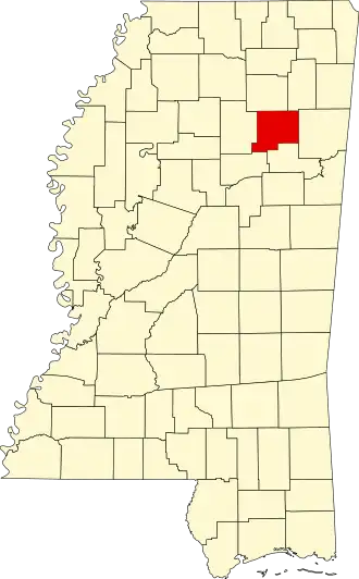 Locatie van Chickasaw County in Mississippi