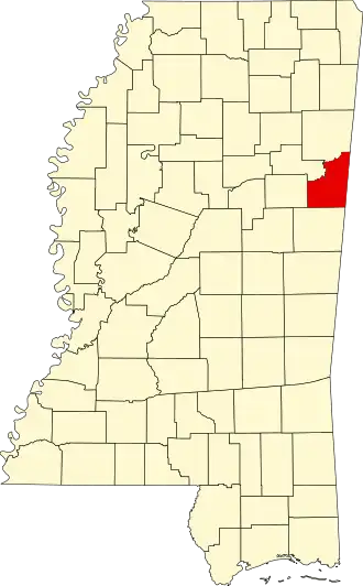 Locatie van Lowndes County in Mississippi