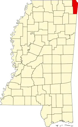 Locatie van Tishomingo County in Mississippi