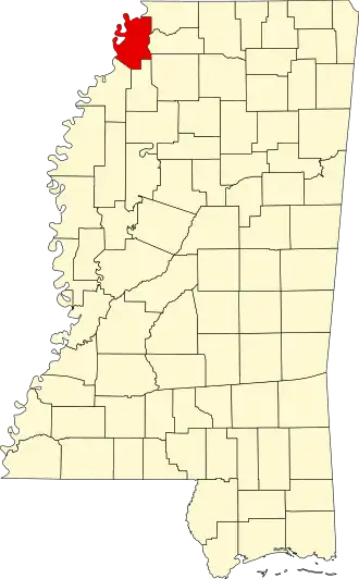 Locatie van Tunica County in Mississippi