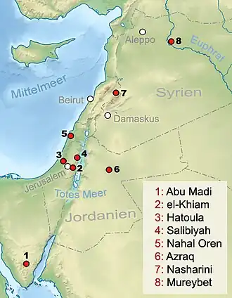 kaart met Khiamien-vindplaatsen