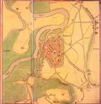 Plattegrond van Roermond uit ca. 1558–1575, gemaakt door Jacob van Deventer, waarop bovenin in het midden, het toenmalige klooster is afgebeeld.