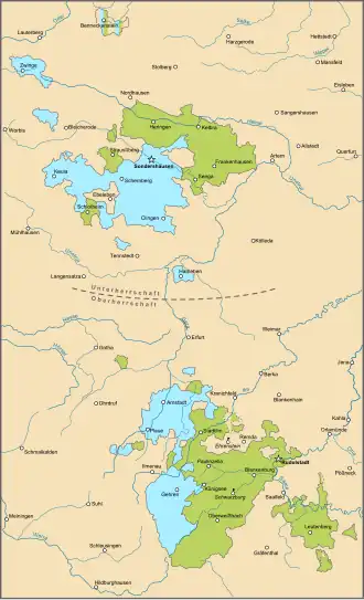 Schwarzburg-Rudolstadt vanaf 1599, op dit kaartje olijfgroen