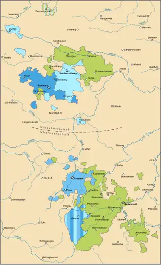 Kaart van Schwarzburg na de deling van Schwarzburg-Sondershausen in 1651. ■ Schwarzburg-Ebeleben