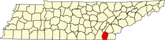 Locatie van Bradley County in Tennessee