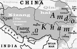 Kaart van de regio's Amdo, Kham, U en Tsang