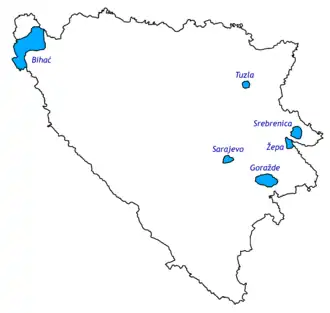De VN-veilige gebieden in Bosnia en Herzegovina.