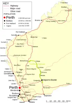 Goldfields Highway (in groen)