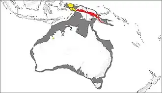 Kaart van het Groot-Australische continent (inclusief Papoea) met leefgebieden van vachtegel-soorten. Zaglossus attenboroughi heeft veruit het kleinste gebied.