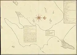 Plan van het fort Trinconomale met de Pagoodsbergh, de Baaij, het fortje Oostenburg en het eijland Dwarsindeweg in 1755.