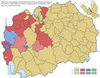 Verspreiding van Albanezen (rood) in Noord-Macedonië (2021)