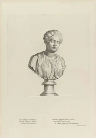 Gravure met de buste van Claudia Marcella maior afgebeeld. Voor 1711, door Etienne Baudet.