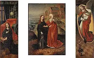 Toegeschreven aan Marcellus Coffermans. De visitatie (middenpaneel) en annunciatie (zijvleugels). 1550-1574. Londen, Christie's (9 juli 2003).