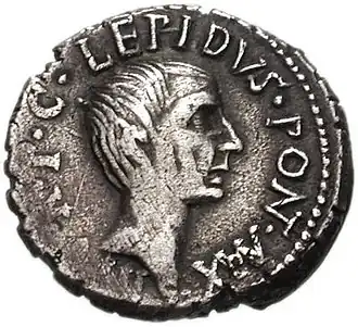 Denarius met de beeltenis van Marcus Aemilius Lepidus als triumvir.