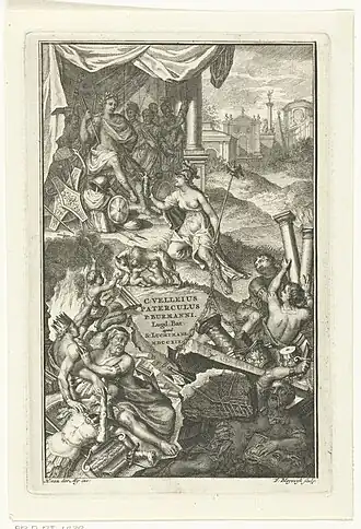 Prent titelpagina: "Marcus Velleius Paterculus krijgt als Romeinse veldheer wapentrofeeën aangeboden", François van Bleyswijck (ca. 1719).
