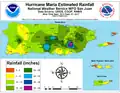 Neerslaghoeveelheid in Puerto Rico binnen 48 uur. Geschatte hoeveelheden, en exacte hoeveelheden waar beschikbaar