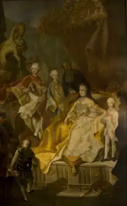 Portret koningin Maria Theresa met haar zonen:rechts Maximiliaan Frans, Jozef II verste, Leopold II links, Ferdinand onde.