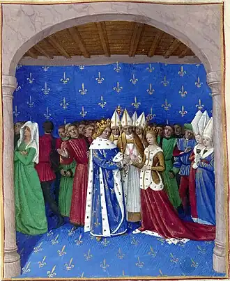 Het huwelijk van Maria van Luxemburg met Karel IV van Frankrijk (miniatuur van Jean Fouquet in de Grandes Chroniques de France).