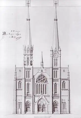 Ontwerptekening van Evert Margry uit 1874. Op deze tekening van de voorgevel is duidelijk te zien dat de linker toren is geïnspireerd op de toren van de Nieuwe Kerk, en de rechter op die van de Oude Kerk.