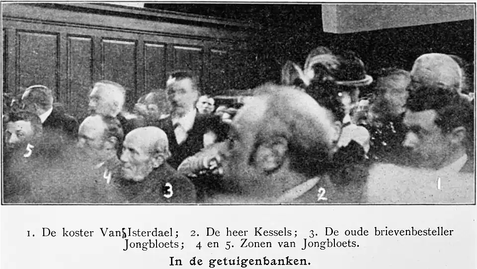 Getuigen in het hoger beroep tegen schilder Mutsaers ('s-Hertogenbosch, 1902); Koster Johan van Isterdaal (nr.1, rechts) en de oud-postbode Jongbloets (nr.3)