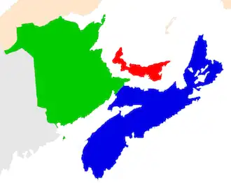 New Brunswick (groen), Nova Scotia (blauw) en Prince Edward Island (rood)