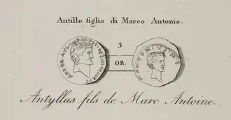 Prent van munten met Marcus Antonius en zijn zoon Antyllus afgebeeld, 1818.