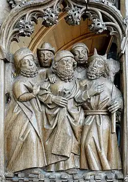 Houtsnijwerk koorbank (Mozes slaat water uit de rots) (2010)