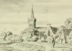Zicht op Schellinkhout met kerk (tekening Cornelis Pronk) 1729