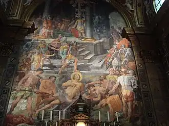 Martelaarschap van Laurentius van Rome, schilderij door Pasquale Cati, onderdeel van het kerkinterieur