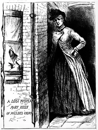 Mary Jane Kelly in The Penny Illustrated Paper (November 24, 1888). Ze gaat haar eigen woning in met het kapotte ruitje dat The Ripper toegang verschafte duidelijk zichtbaar