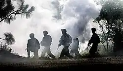 Soldaten rukken op onder dekking van een rookgordijn tijdens een oefening