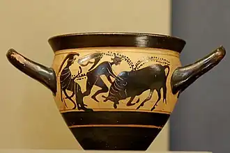 "Herakles en de stier van Kreta" afgebeeld op Griekse vaas, ca. 500–475 v.Chr.